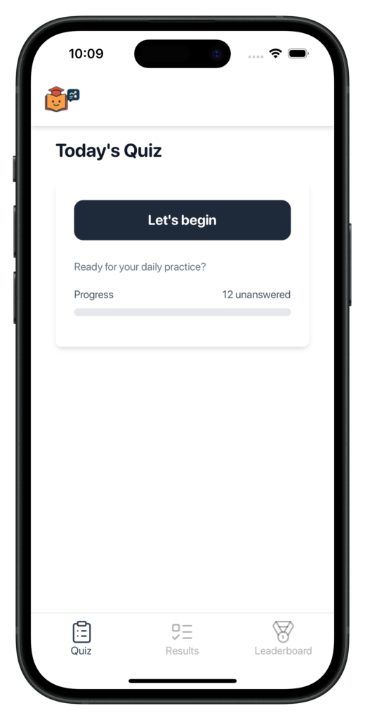A screen shot of the SHSAT Buddy mobile app on the Today's Quiz tab with a button to begin the quiz to help with SHSAT Prep