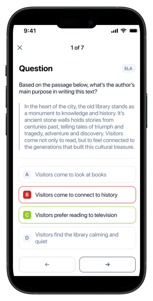 A screenshot of the SHSAT Buddy Daily Quiz mobile app with an answered quiz question showing the correct answer